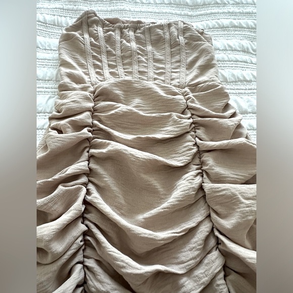 PrettyLittleThing Stone Bandeau Cowl Detail Ruched MIDI Dress Size 0 - Picture 8 of 16